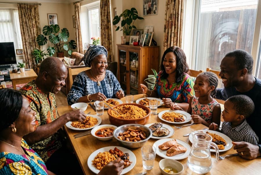 Family sharing jollof around the table